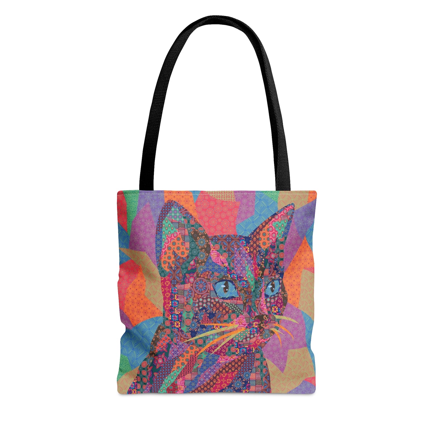 Colorful tote bag with cat illustration