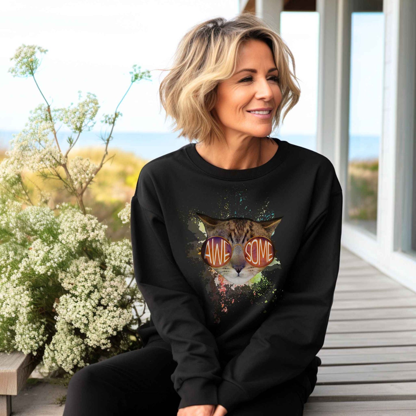 Black Awesome Crewneck Unisex Sweatshirt Cat Theme