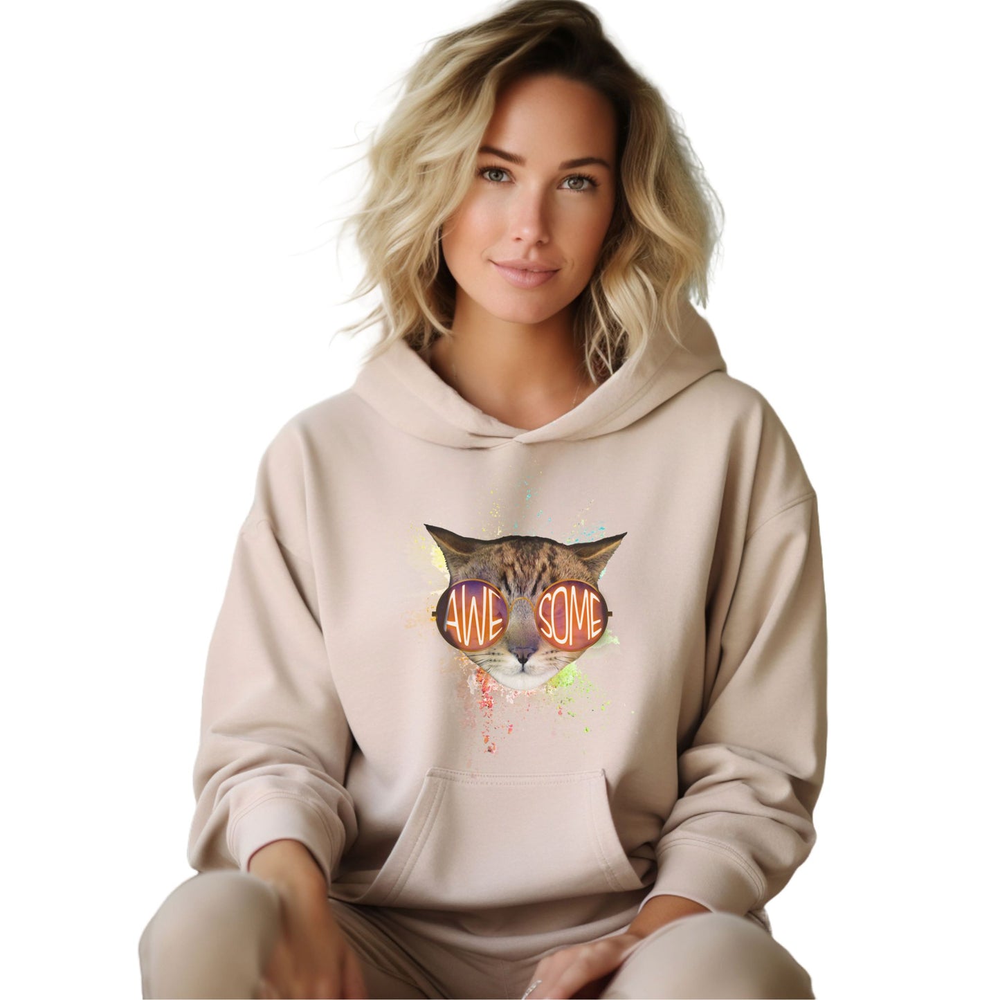 Sand Awesome Cat Themed Hooded Sweatshirt Unisex