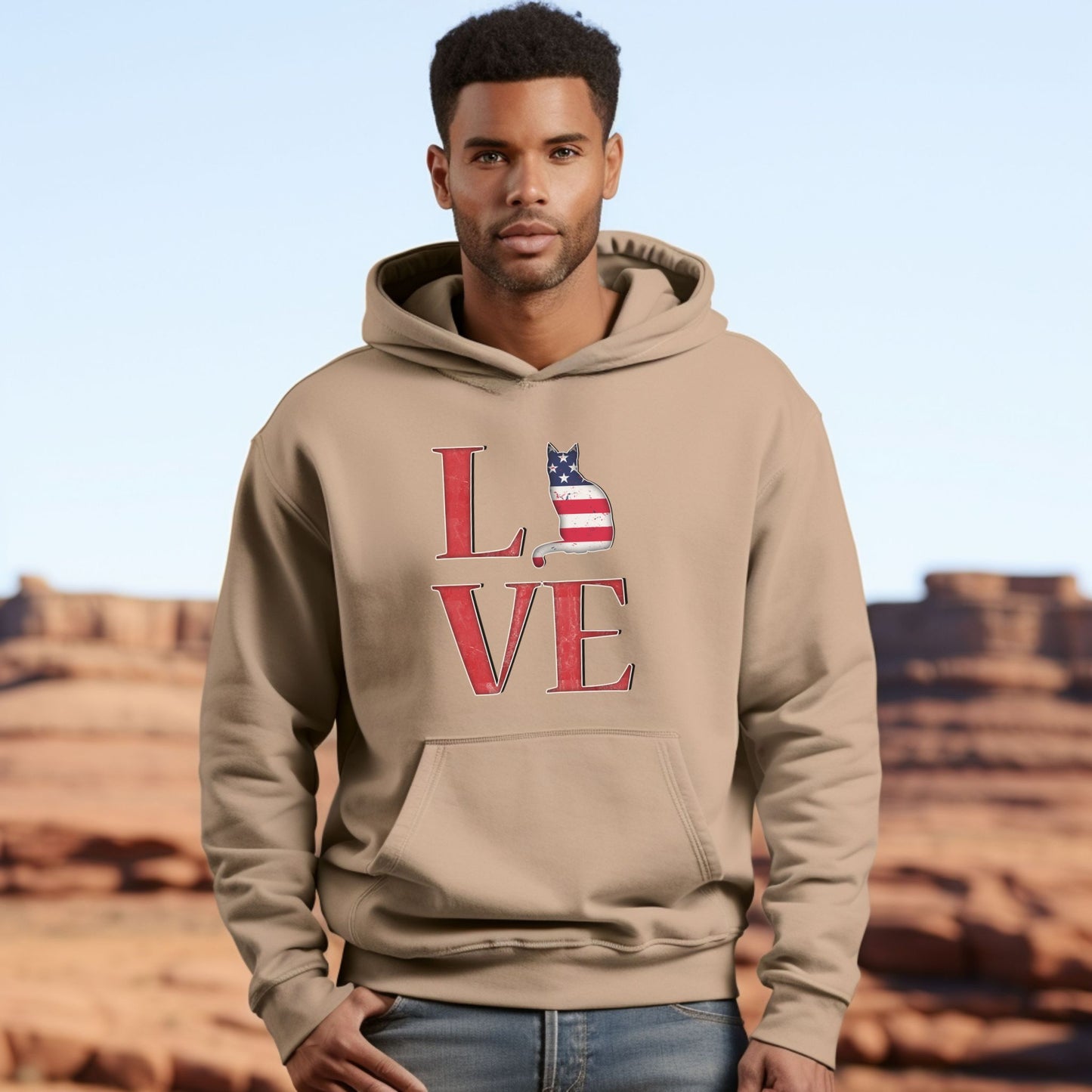 Sand Cat Themed Love USA Hooded Sweatshirt Unisex