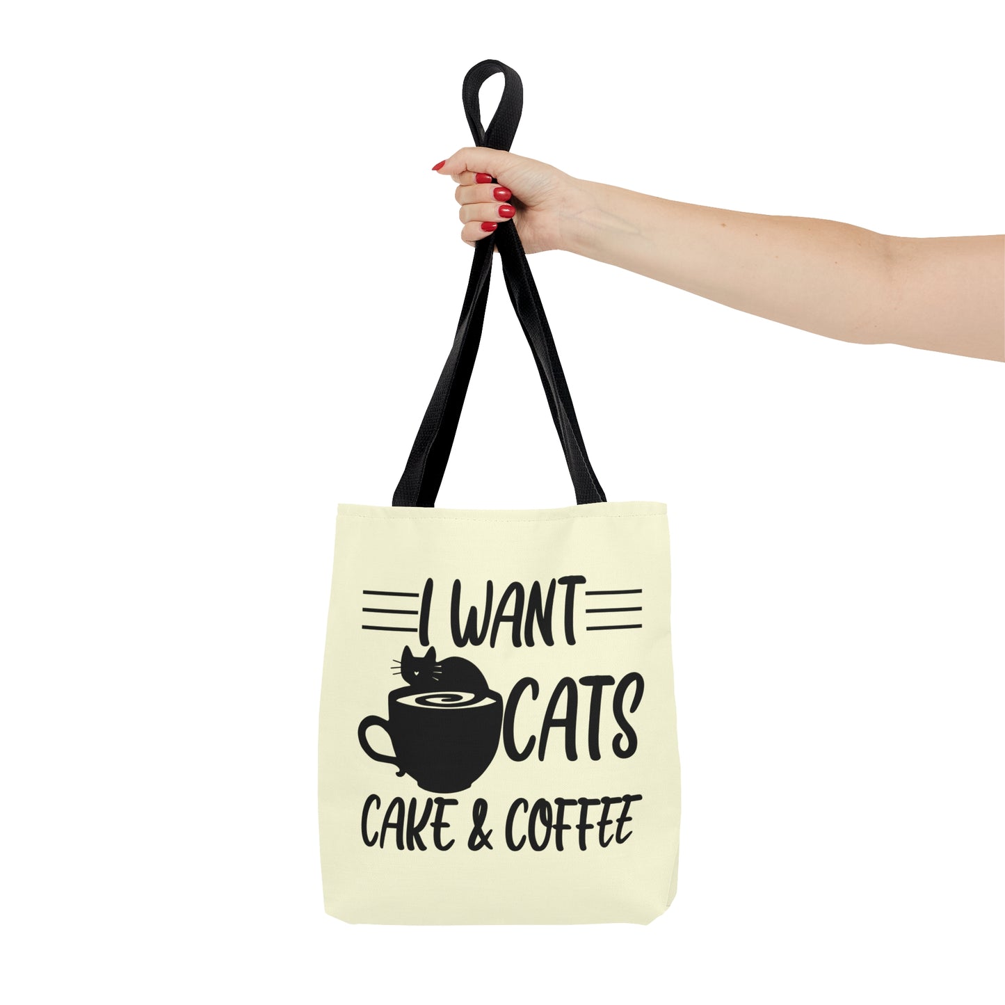 Cream Tote bag with 'I Want Cats, Cake & Coffee' text with cat & coffee cup graphic