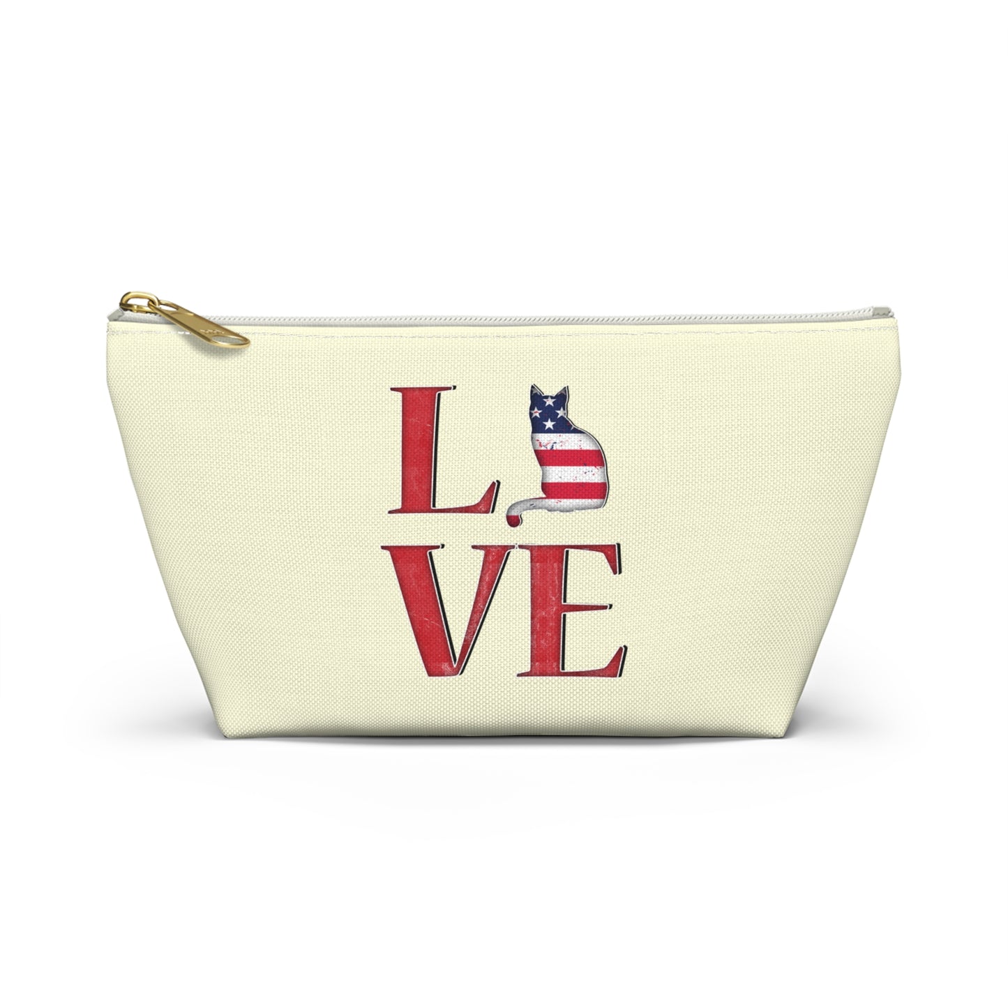 Cream color zipped accessory bag for organising makeup, cosmetics, travel essentials, toiltries, pencil case with 'LOVE' text and cat graphics in the colors of the American flag.