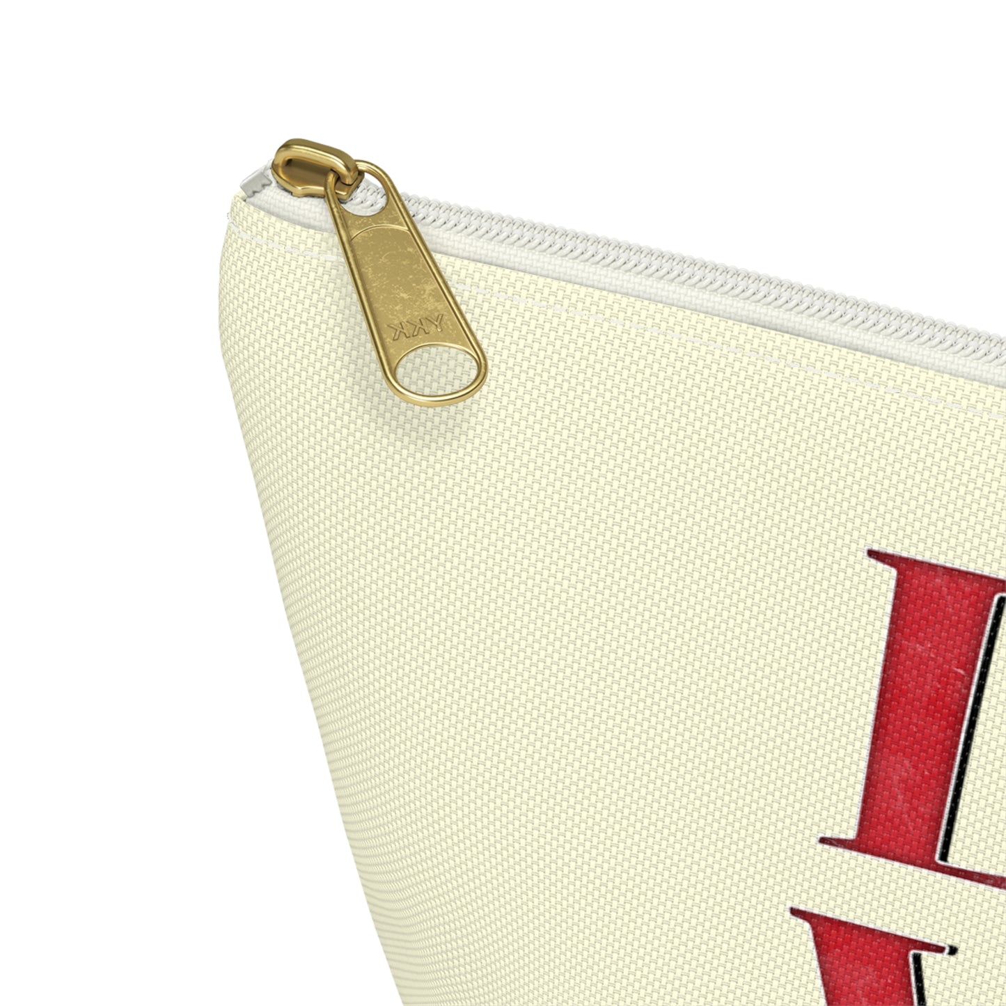 Cream color zipped accessory bag for organising makeup, cosmetics, travel essentials, toiltries, pencil case with 'LOVE' text and cat graphics in the colors of the American flag.