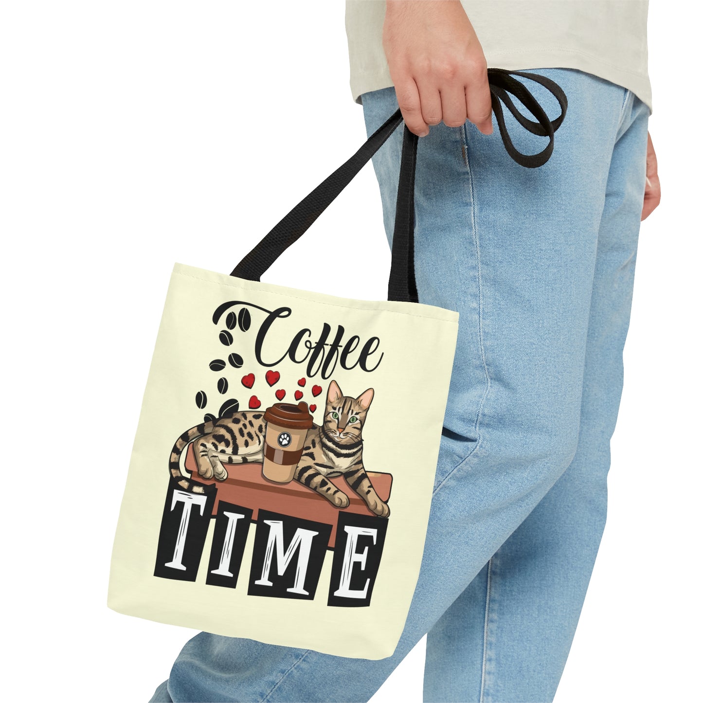 Bengal Cat Themed Cream Tote Bag With "Coffee Time" Text, Coffee Beans And Love Hearts And Bengal Cat Graphic.