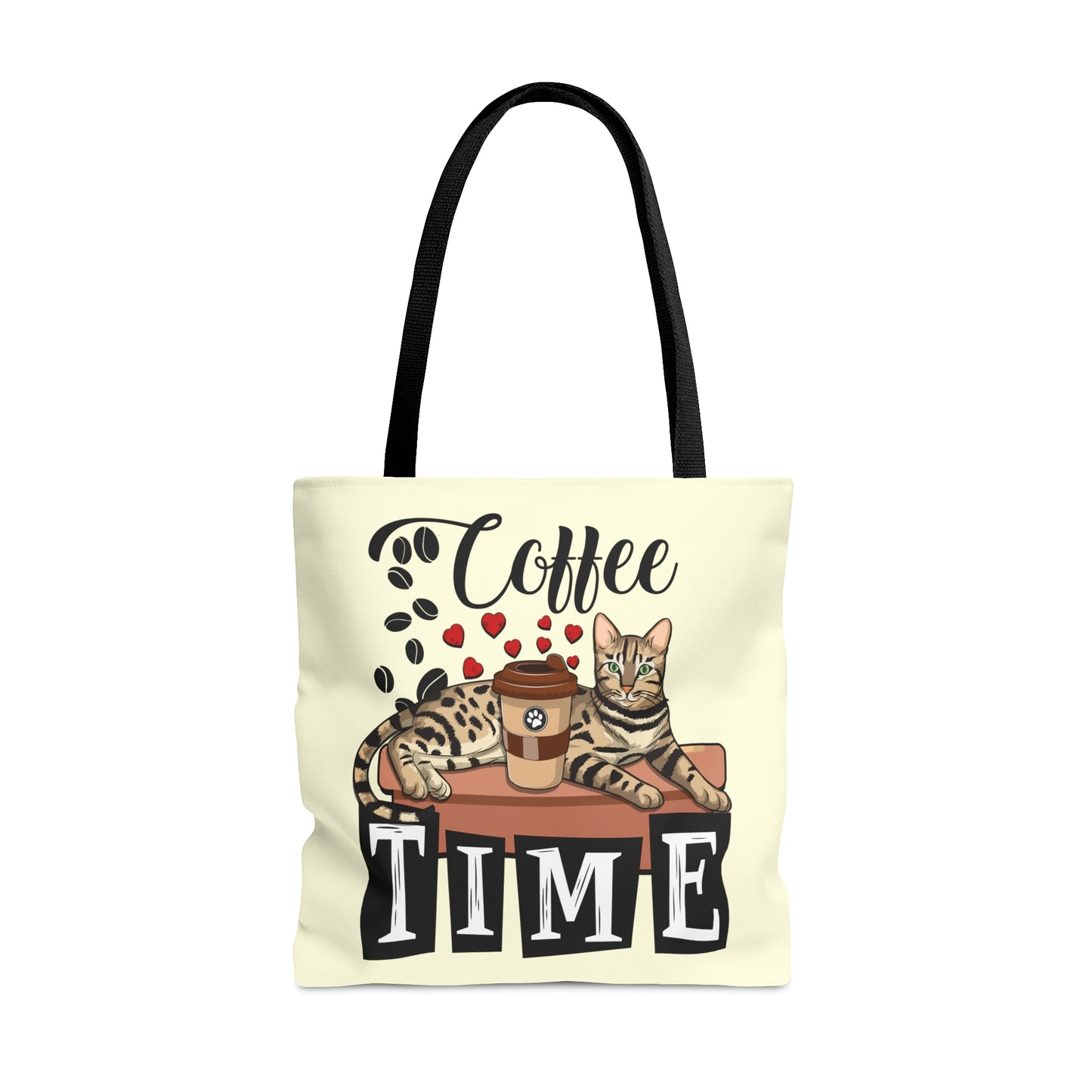 Bengal Cat Themed Cream Tote Bag With "Coffee Time" Text, Coffee Beans And Love Hearts And Bengal Cat Graphic.