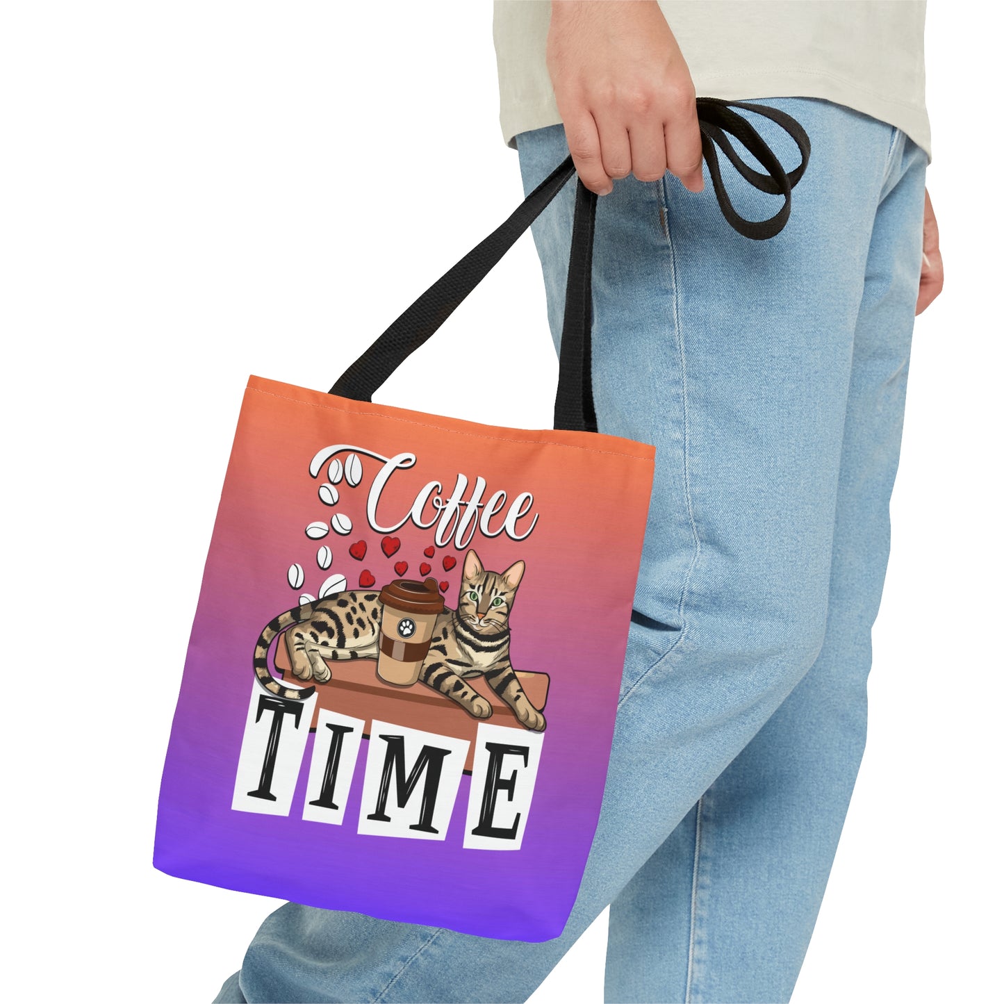 Bengal Cat Themed Purple & Orange Colored Tote Bag With The Text " Coffee Time", And Graphic Of A Bengal Cat, Coffee Beans And Love Hearts.