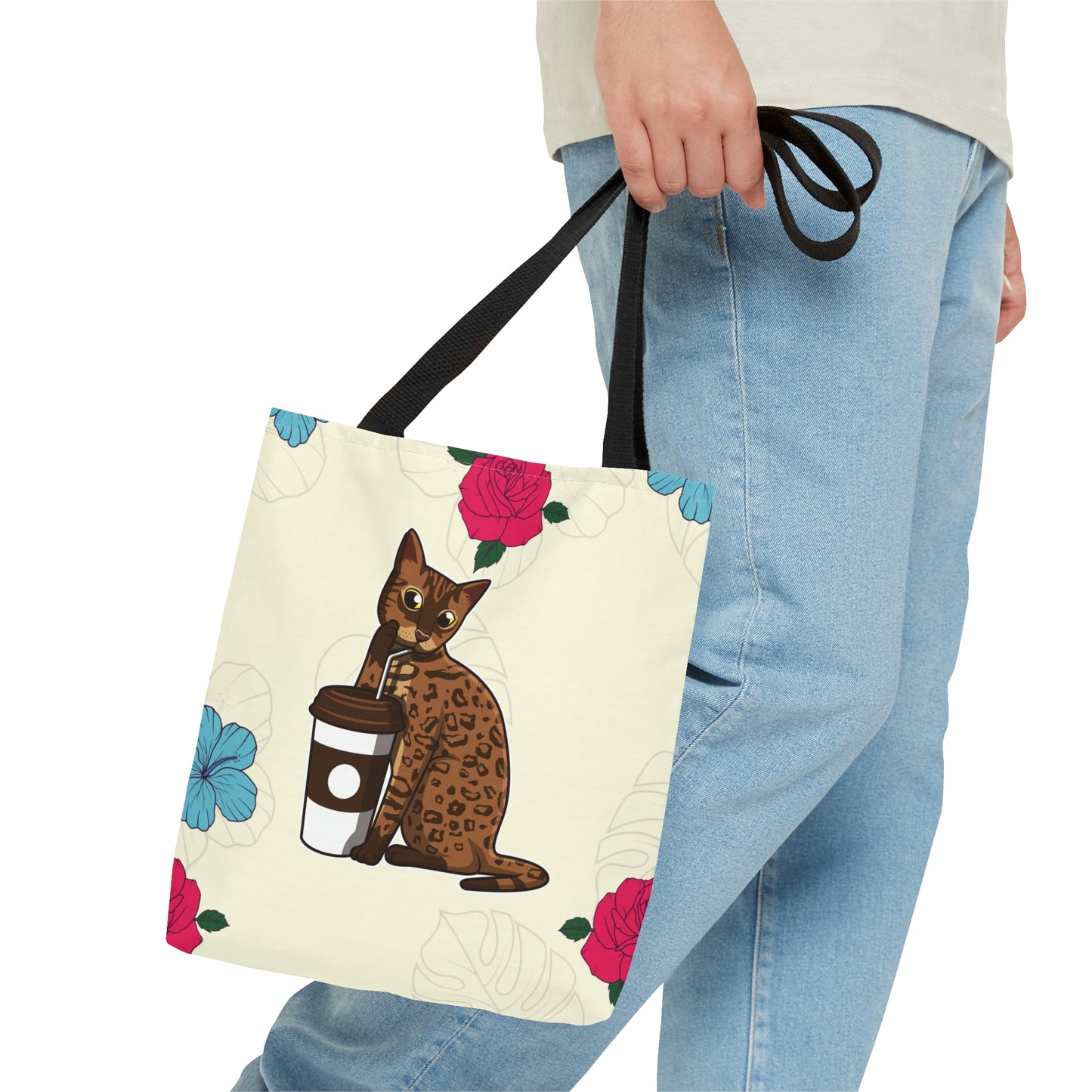 Cream Tote Bag Of A Cartoon Bengal Cat Drinking Through A Straw And Flowers Design