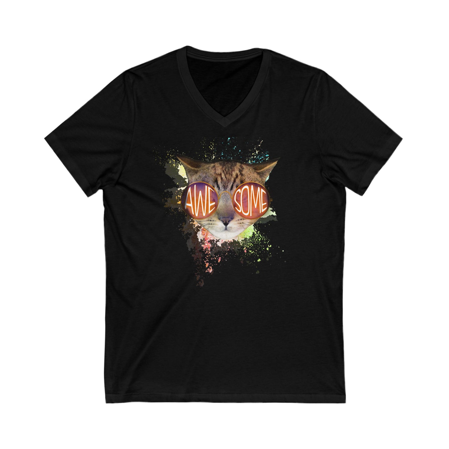 Black Awesome Cat V-Neck T-Shirt