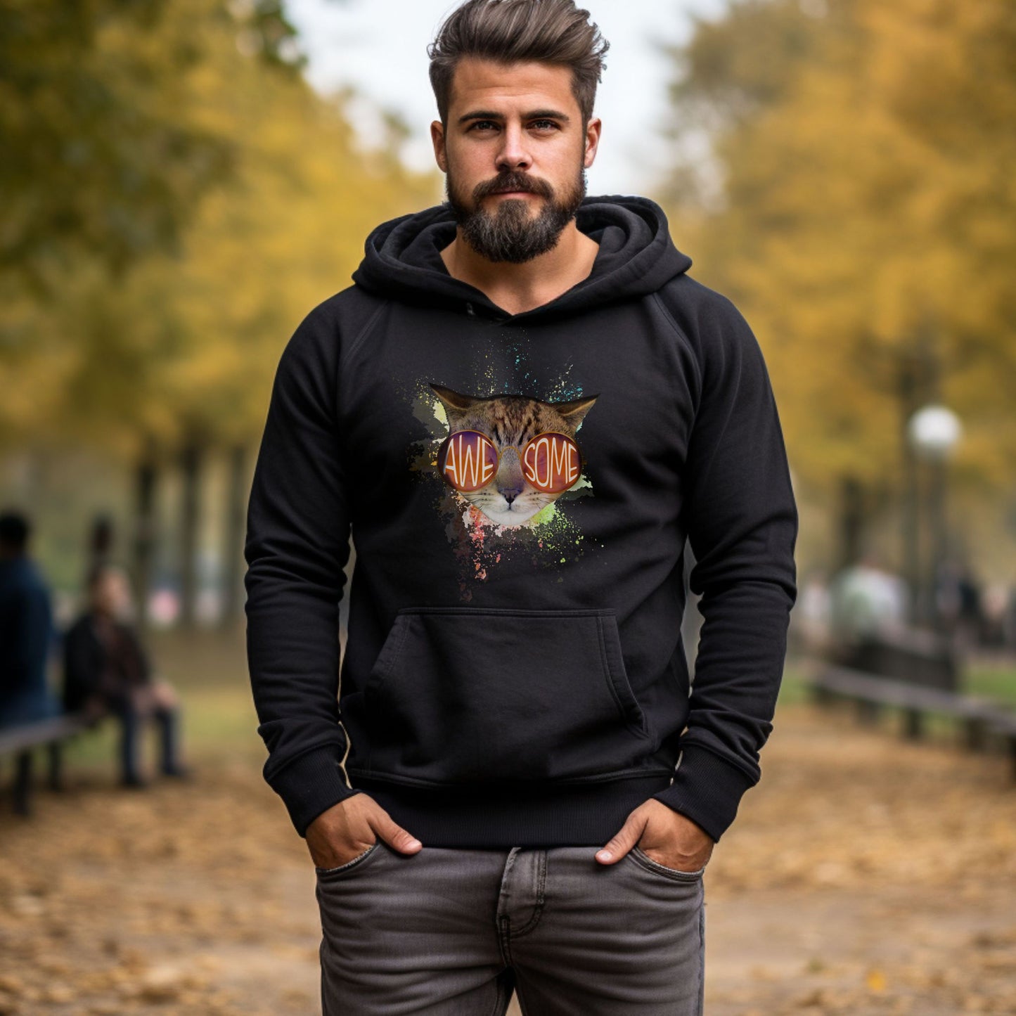 Black Awesome Cat Themed Hooded Sweatshirt Unisex