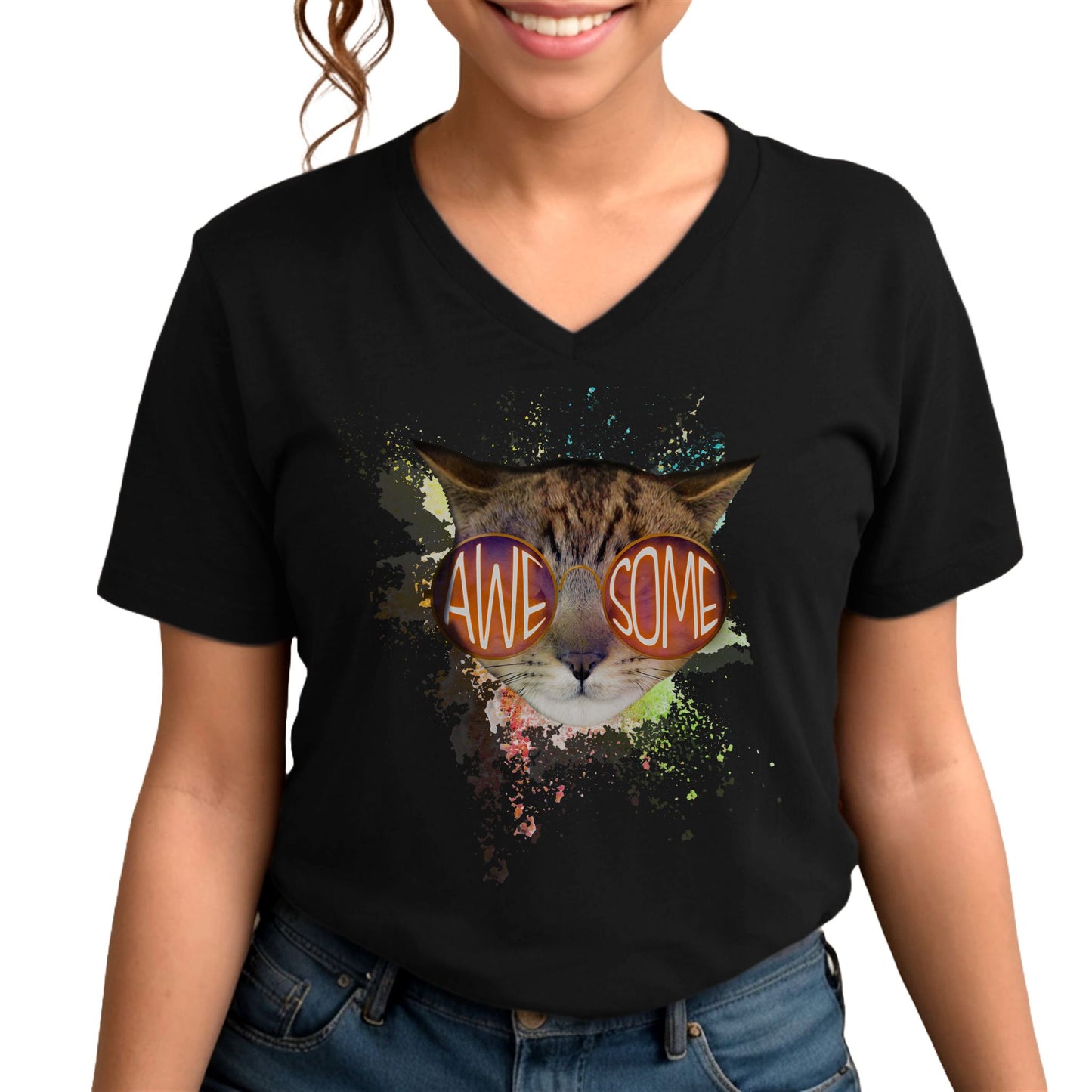 Black Awesome Cat V-Neck T-Shirt