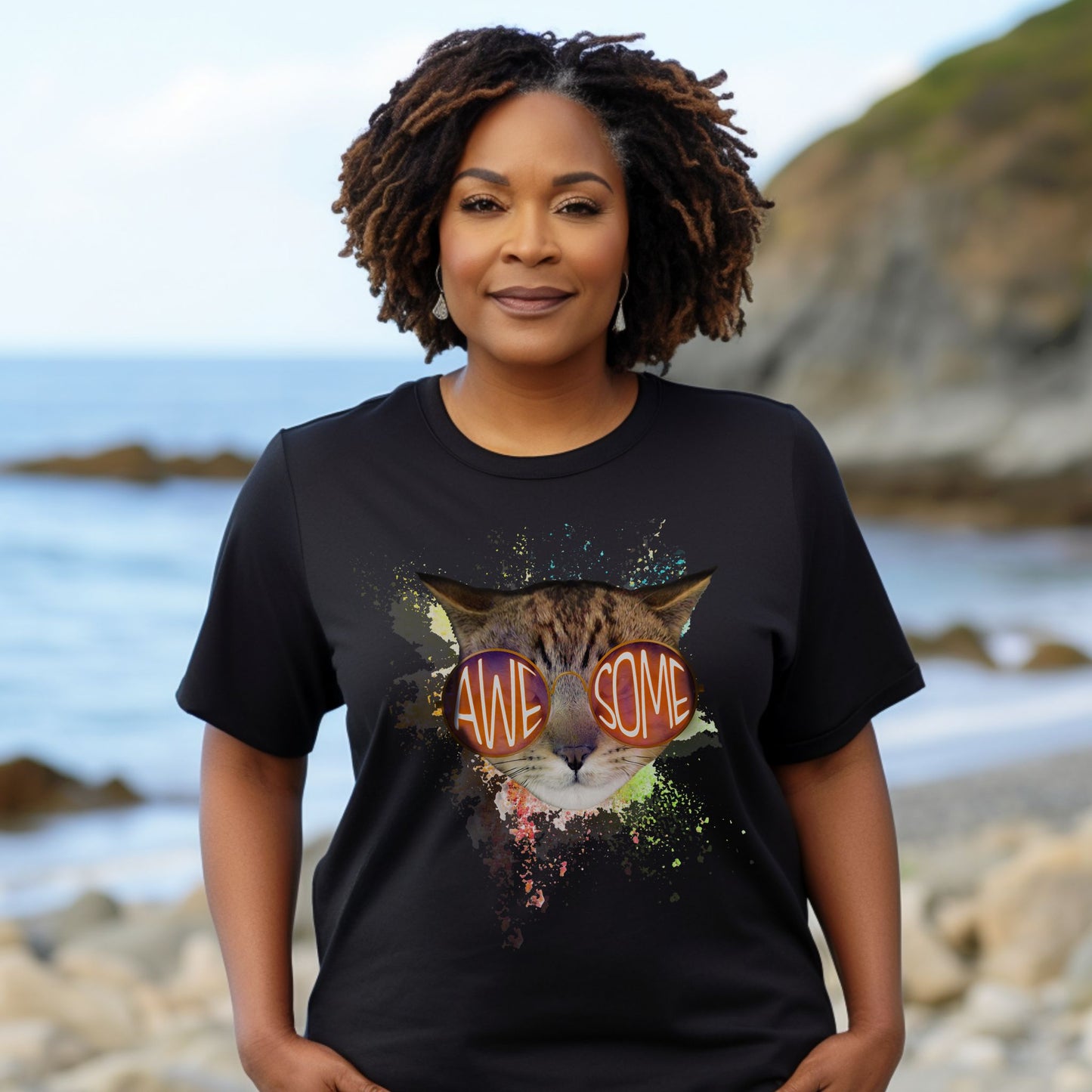 Black Awesome Cat T-Shirt Crew Neck Unisex