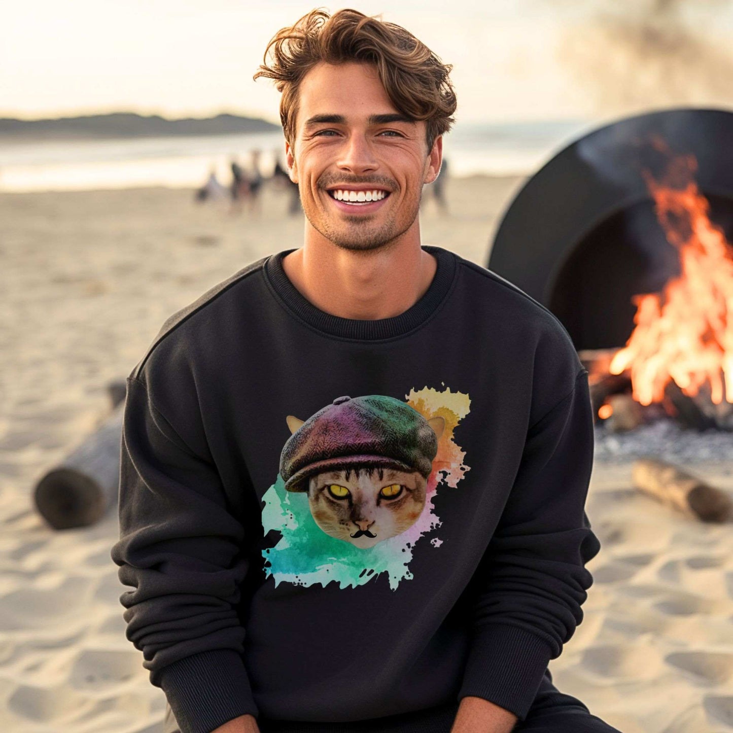 Black Baker Boy Cat Themed Crewneck Unisex Sweatshirt