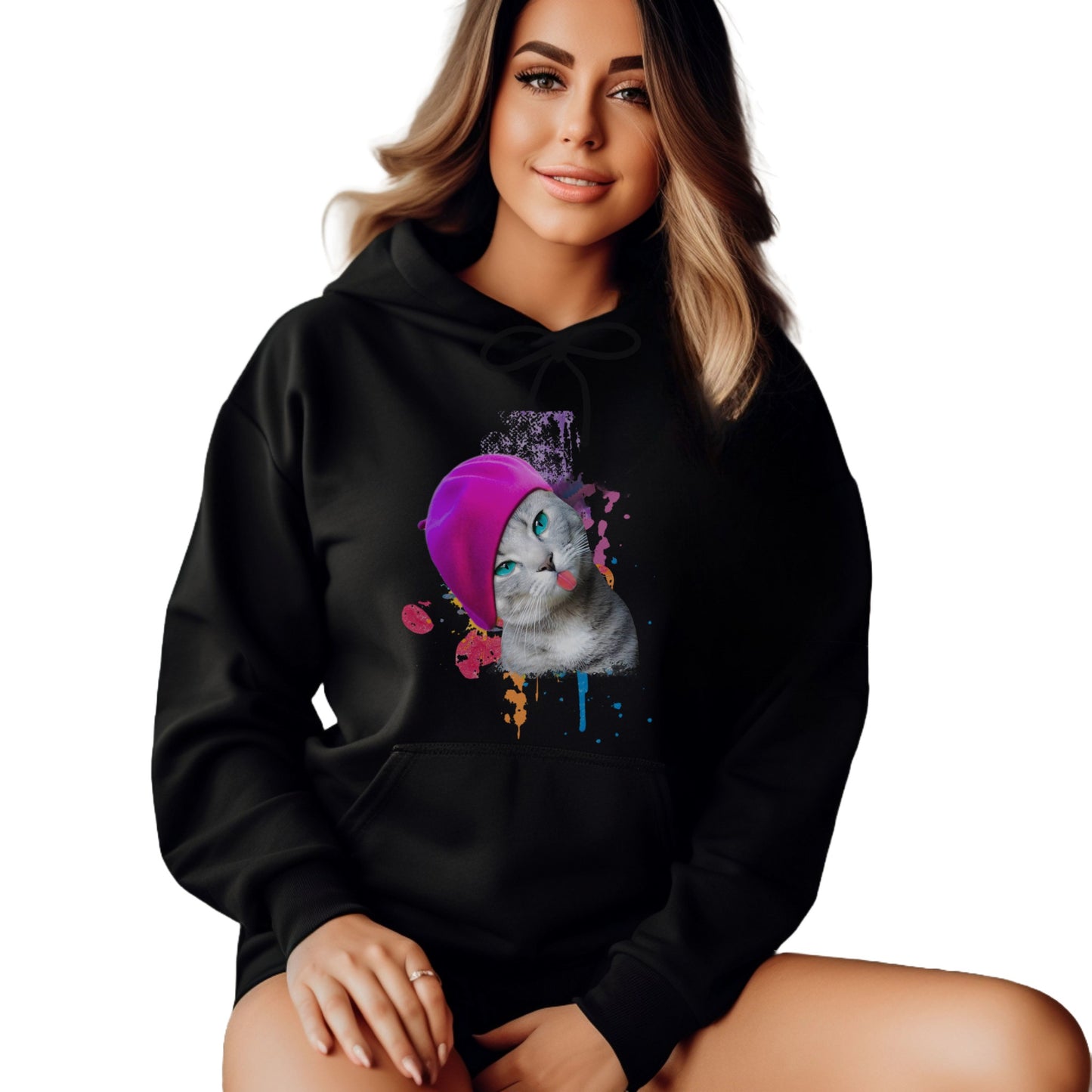Black Beret_Girl_Cat_Themed_Hooded_sweatshirt