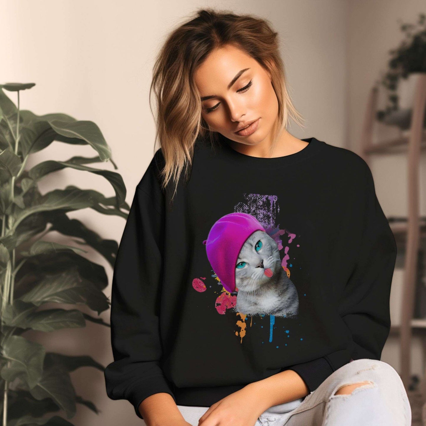 Black Beret Girl Cat themed Unisex Sweatshirt