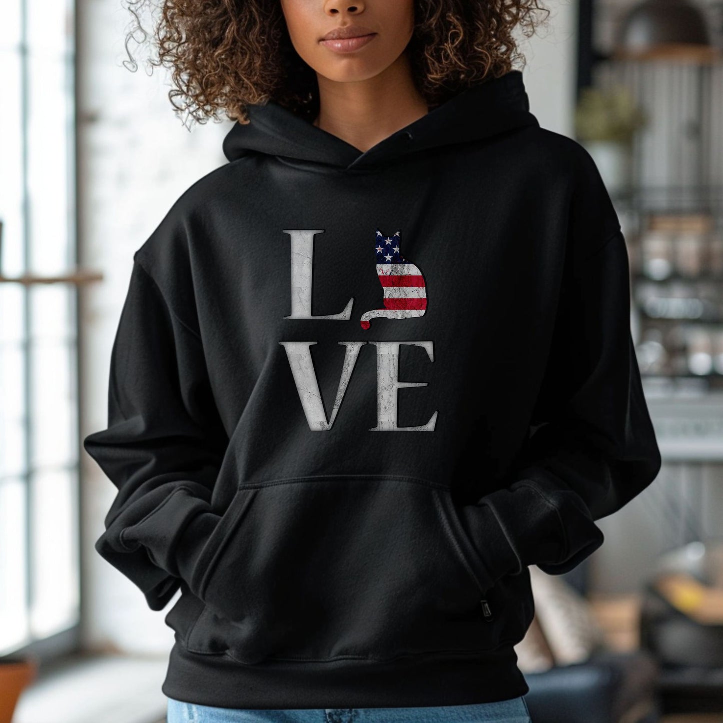Black Cat Themed Love USA Hooded Sweatshirt Unisex