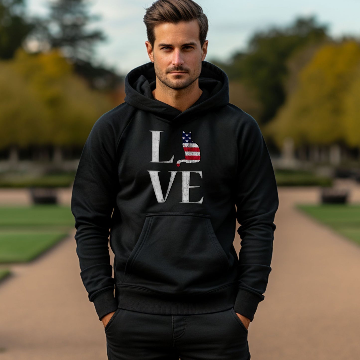 Black Cat Themed Love USA Hooded Sweatshirt Unisex