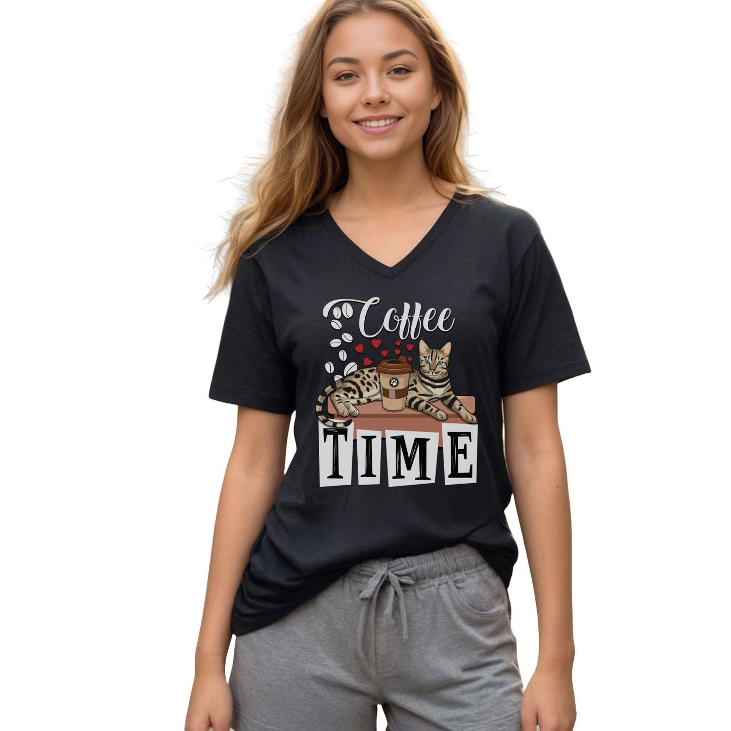 Black Coffee Beans & Love Hearts V-Neck Unisex T-Shirt Cat Themed