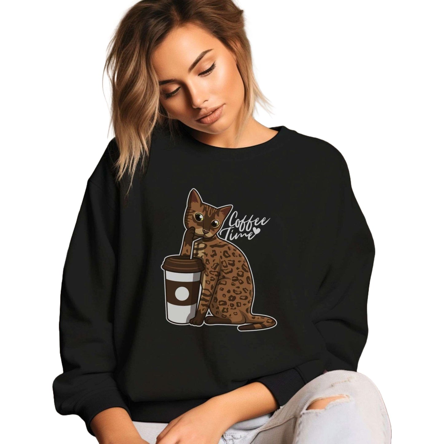 Black Drinking Bengal Cat Unisex Sweatshirt
