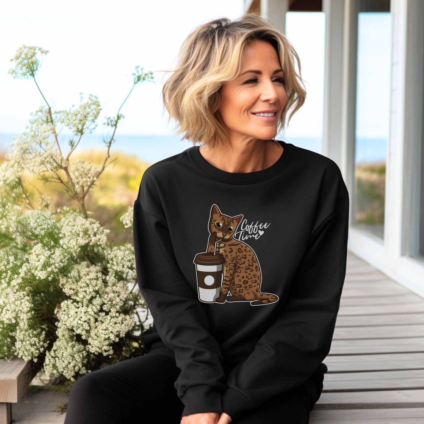 Black Drinking Bengal Cat Unisex Sweatshirt