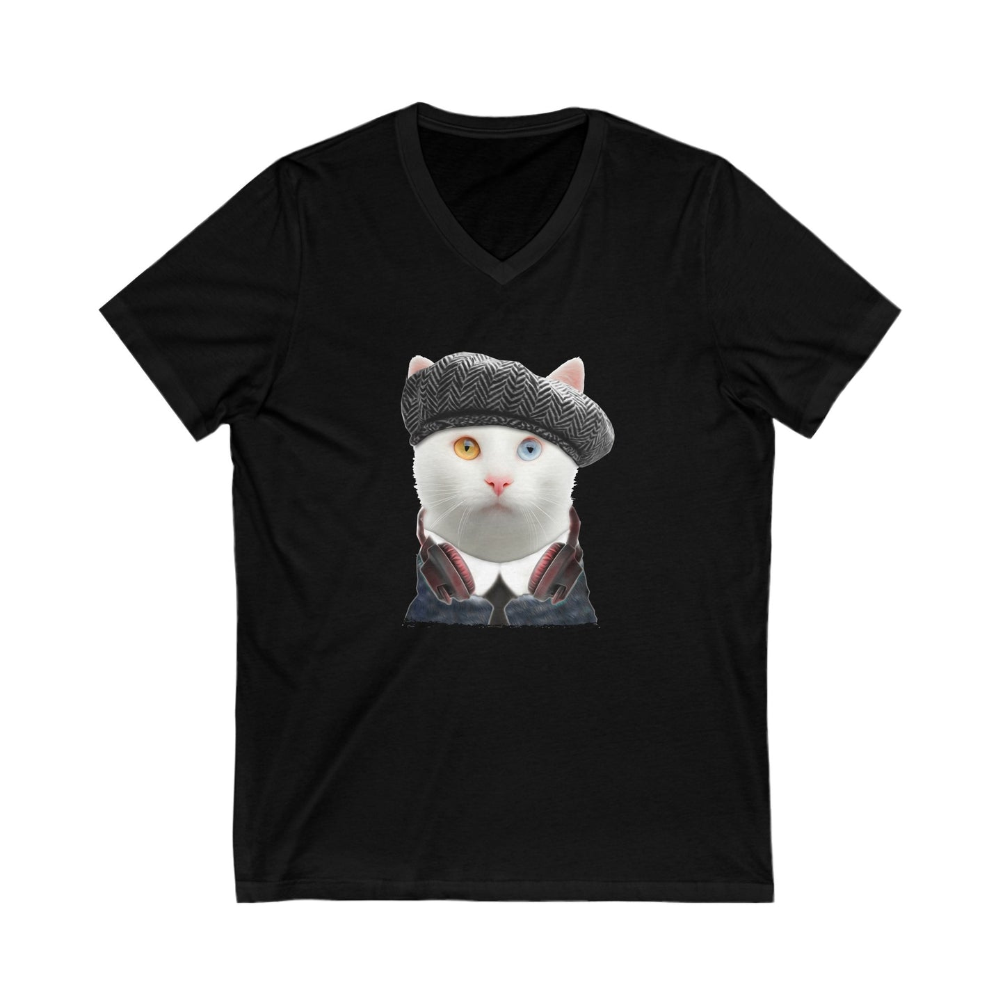 Black Headphones T-Shirt Unisex V-Neck Cat Theme