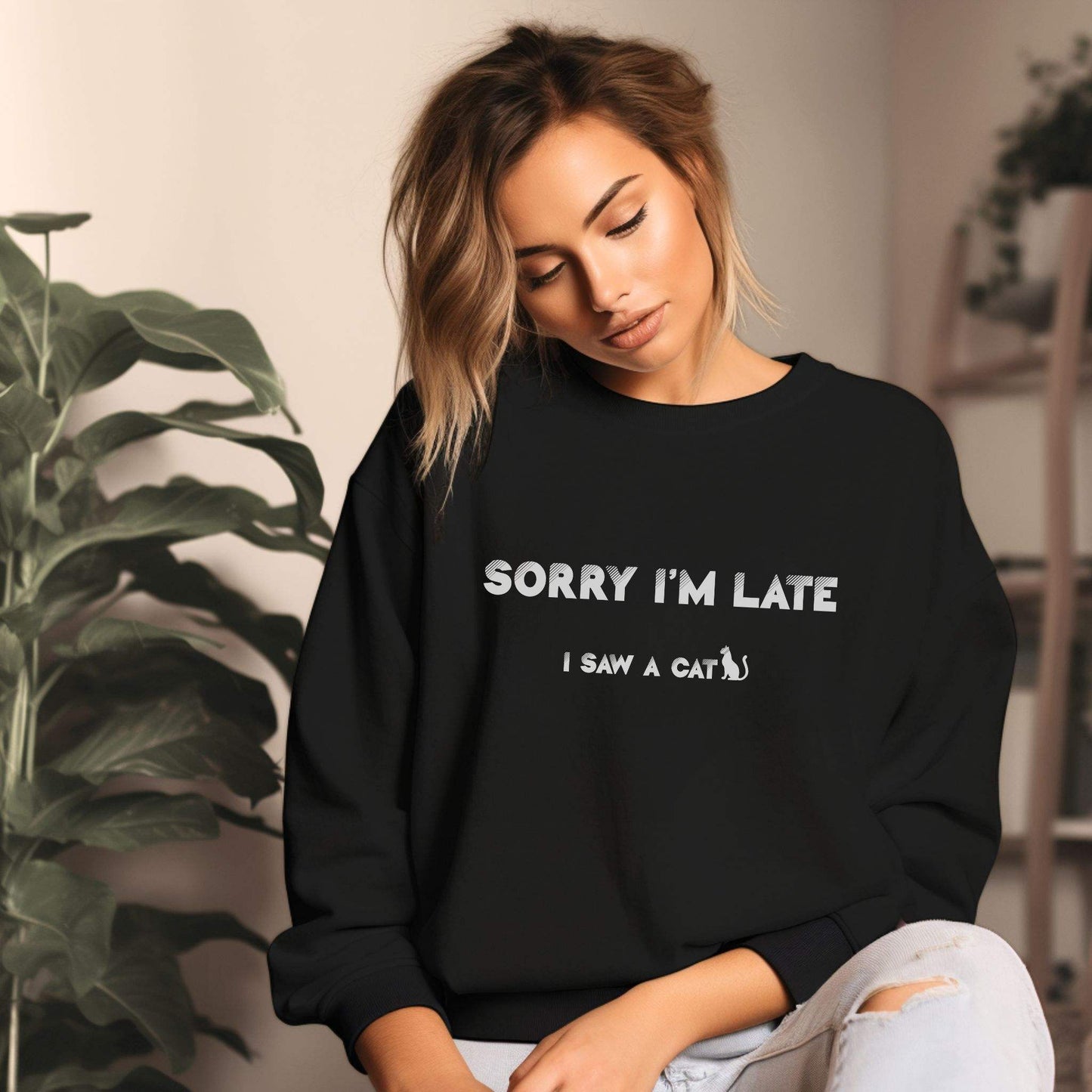 Black I Saw A Cat sweatshirt Unisex Crewneck
