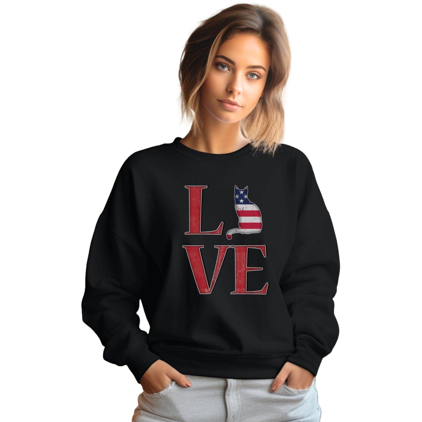 Black LOVE USA Cat Themed Crewneck Unisex Sweatshirt