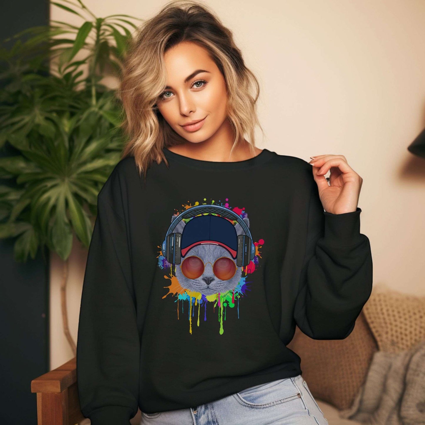 Black Lost In Music Cat Themed Crewneck Unisex Sweatshirt