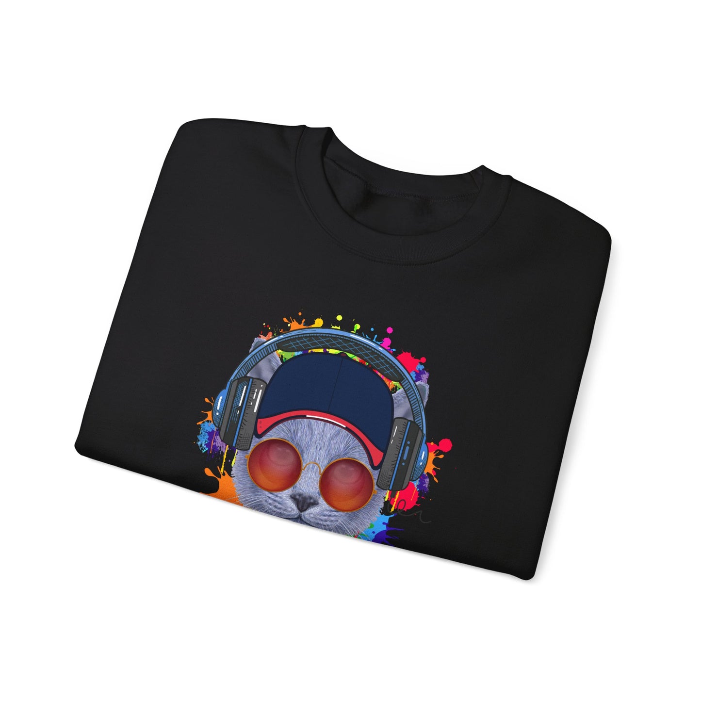 Black Lost In Music Cat Themed Crewneck Unisex Sweatshirt