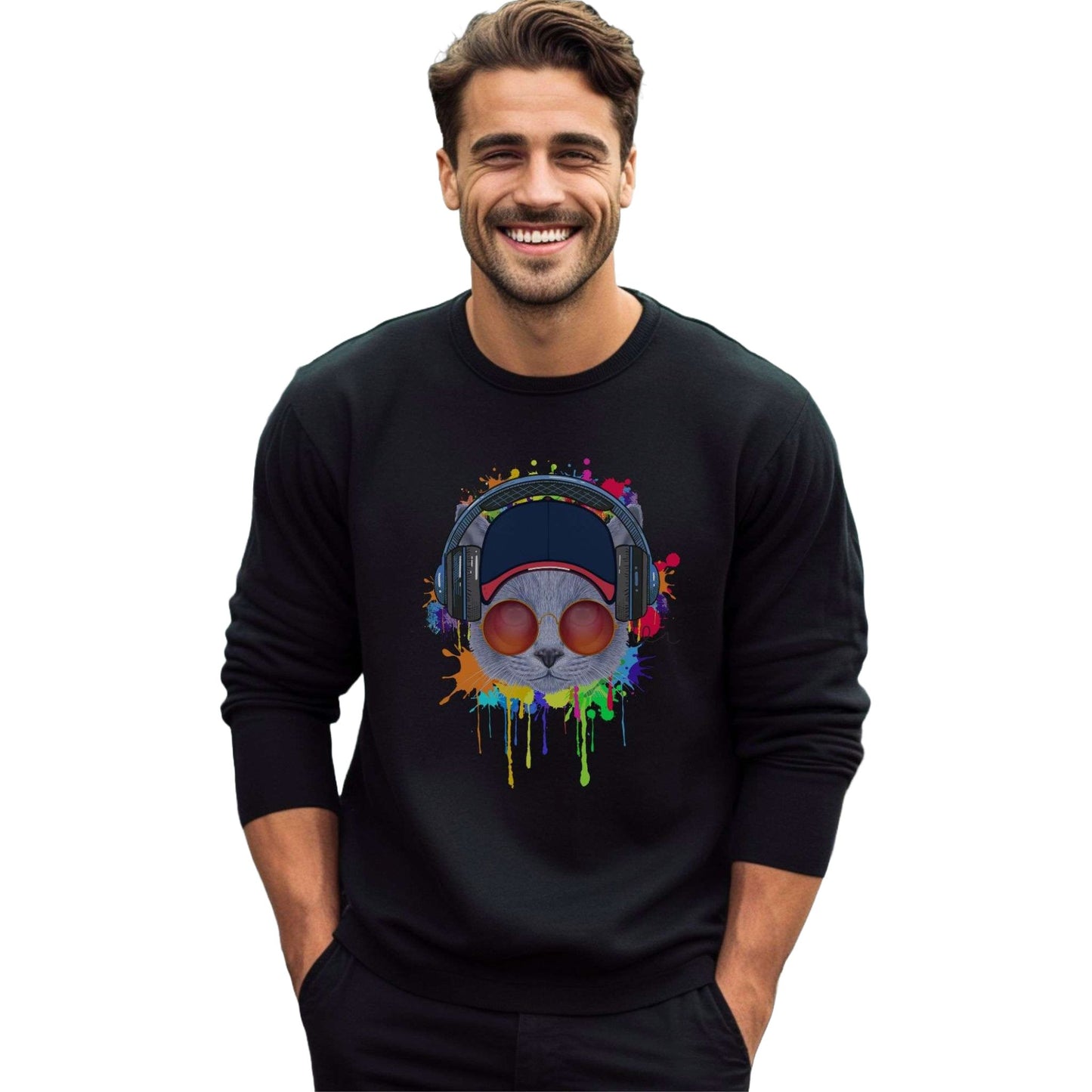 Black Lost In Music Cat Themed Crewneck Unisex Sweatshirt