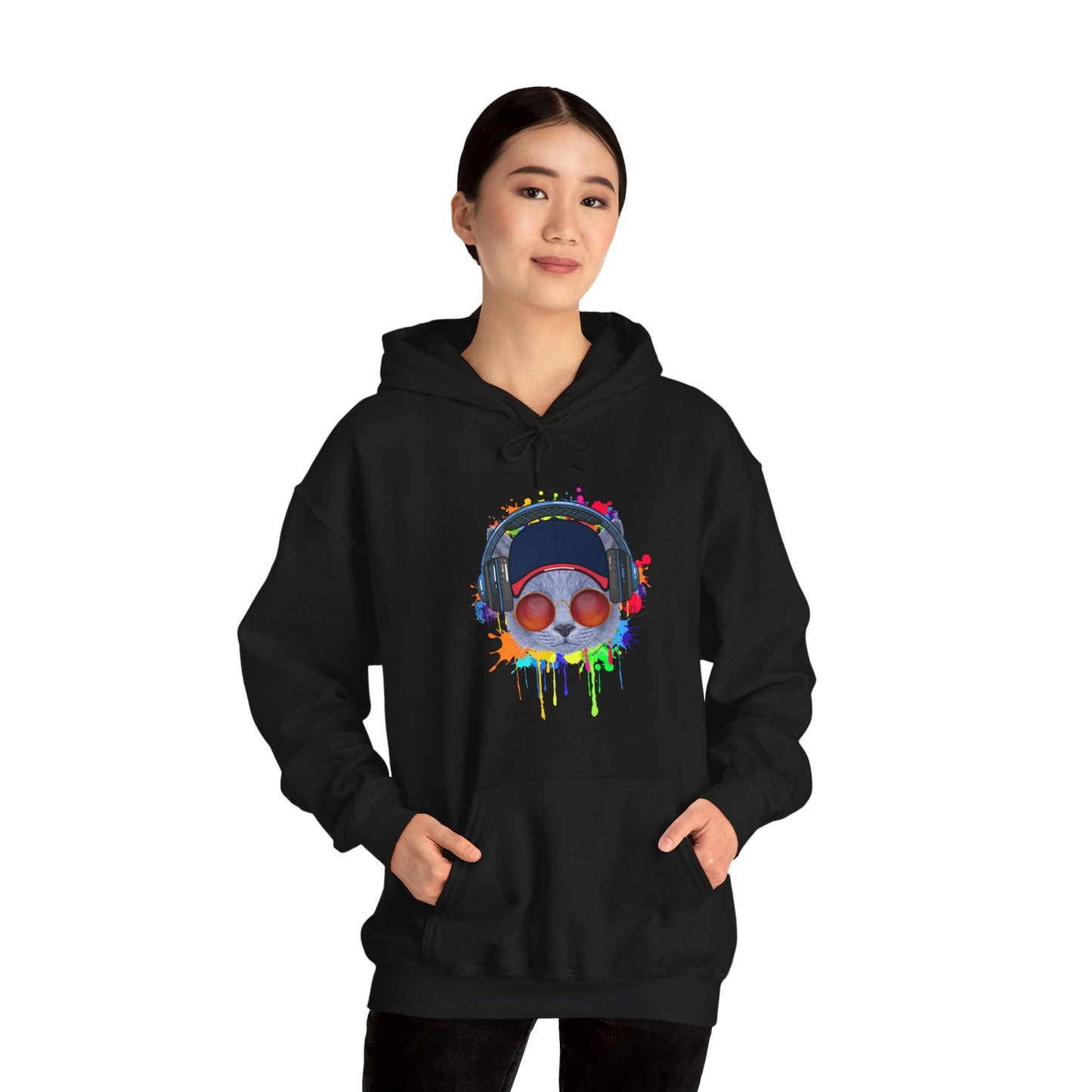 Black Lost In Music Cat Themed Hooded Sweatshirt Unisex