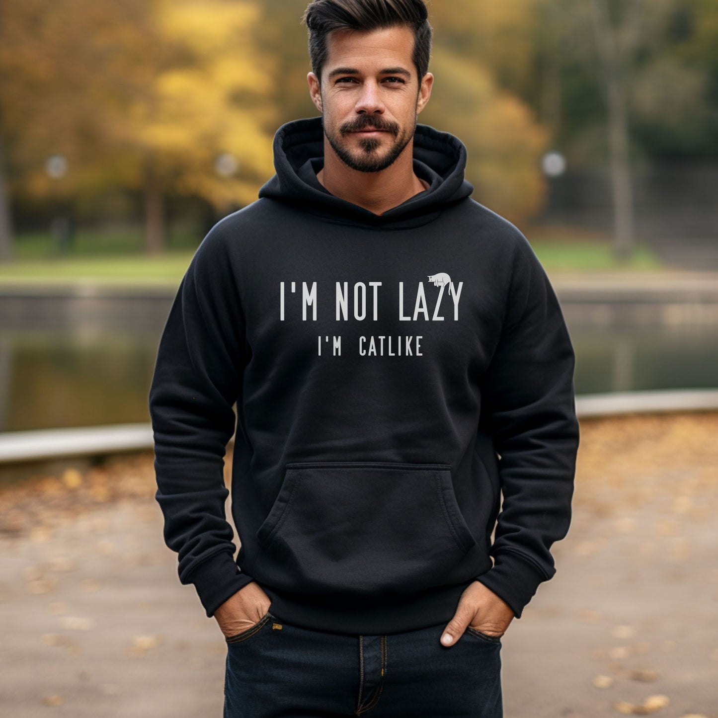 Black Not Lazy Cat Themed Hooded Sweatshirt Unisex