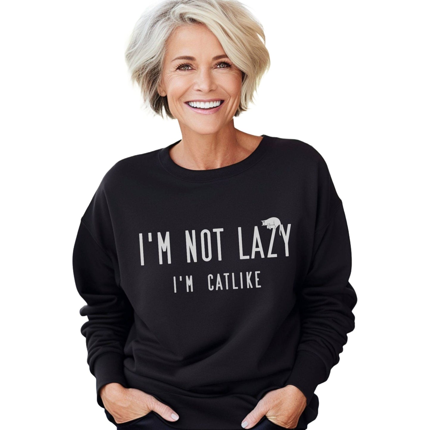 Black Not Lazy Crewneck Unisex Cat Themed Sweatshirt