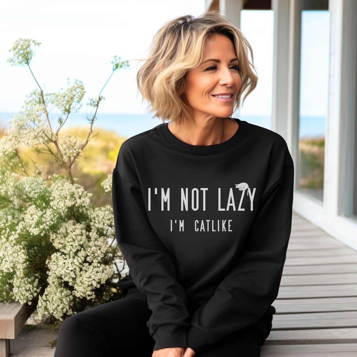 Black Not Lazy Crewneck Unisex Cat Themed Sweatshirt
