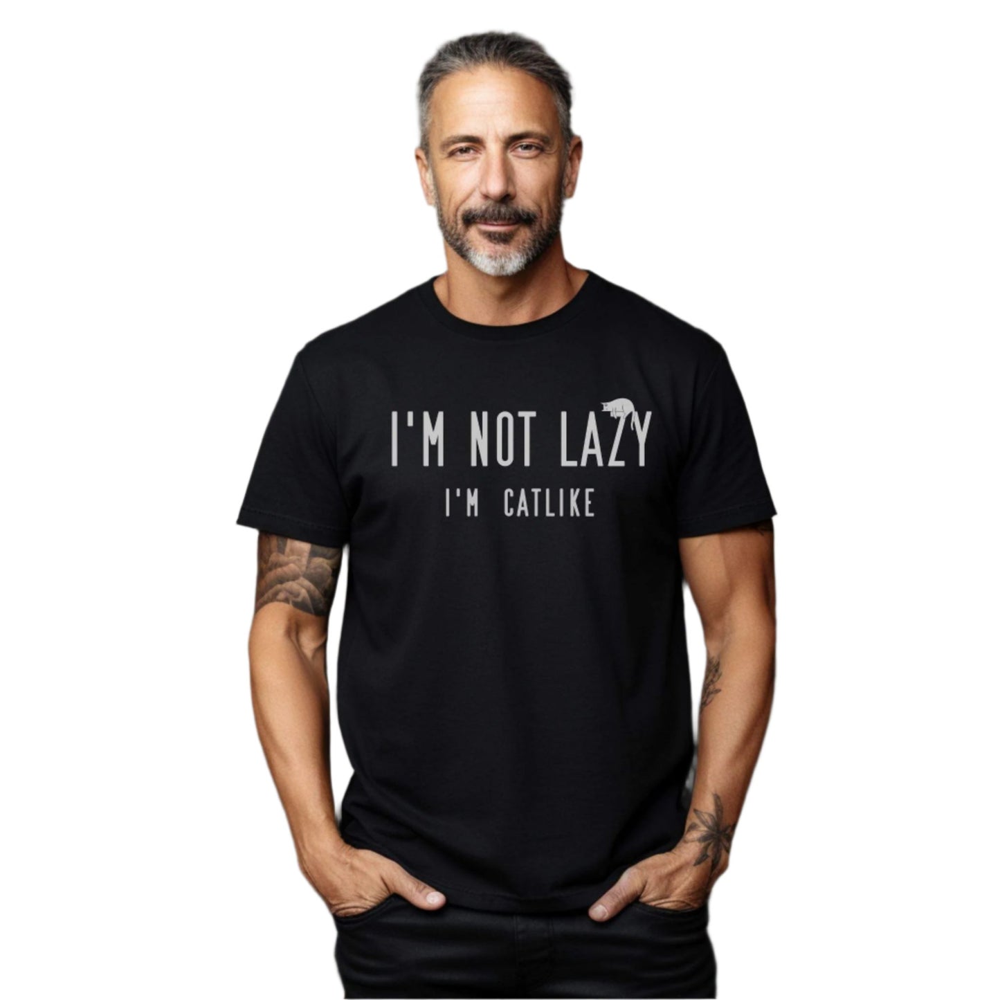 Black Not Lazy T-Shirt Cat Theme Unisex Crew Neck