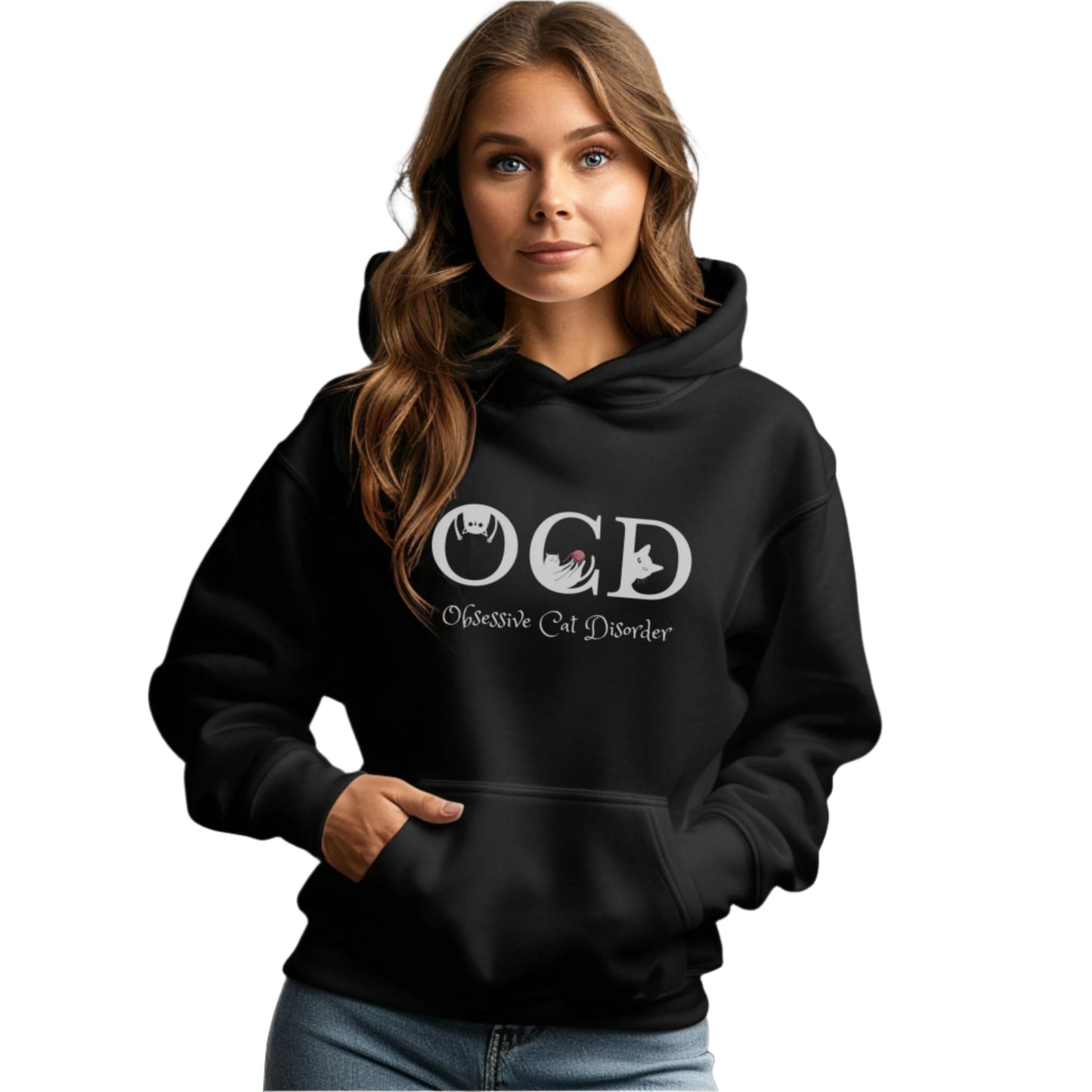 Black OCD Cat Themed Unisex Hooded Sweatshirt