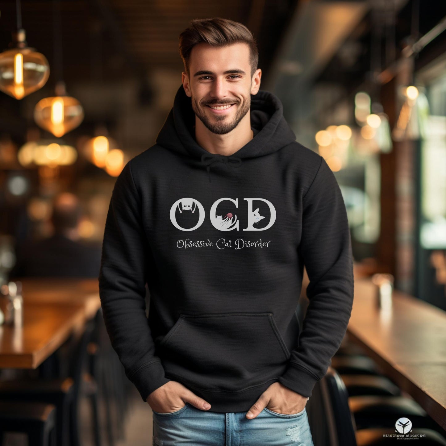 Black OCD Cat Themed Unisex Hooded Sweatshirt