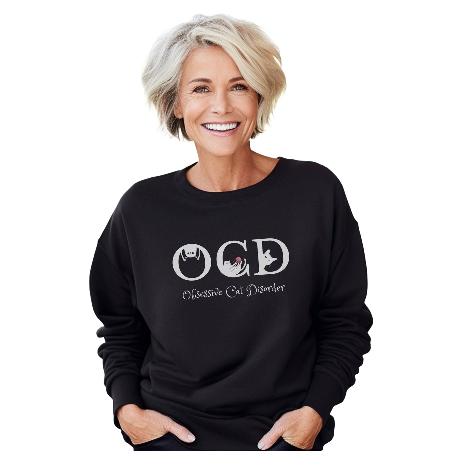 Black OCD Crewneck Unisex Sweatshirt Cat Themed