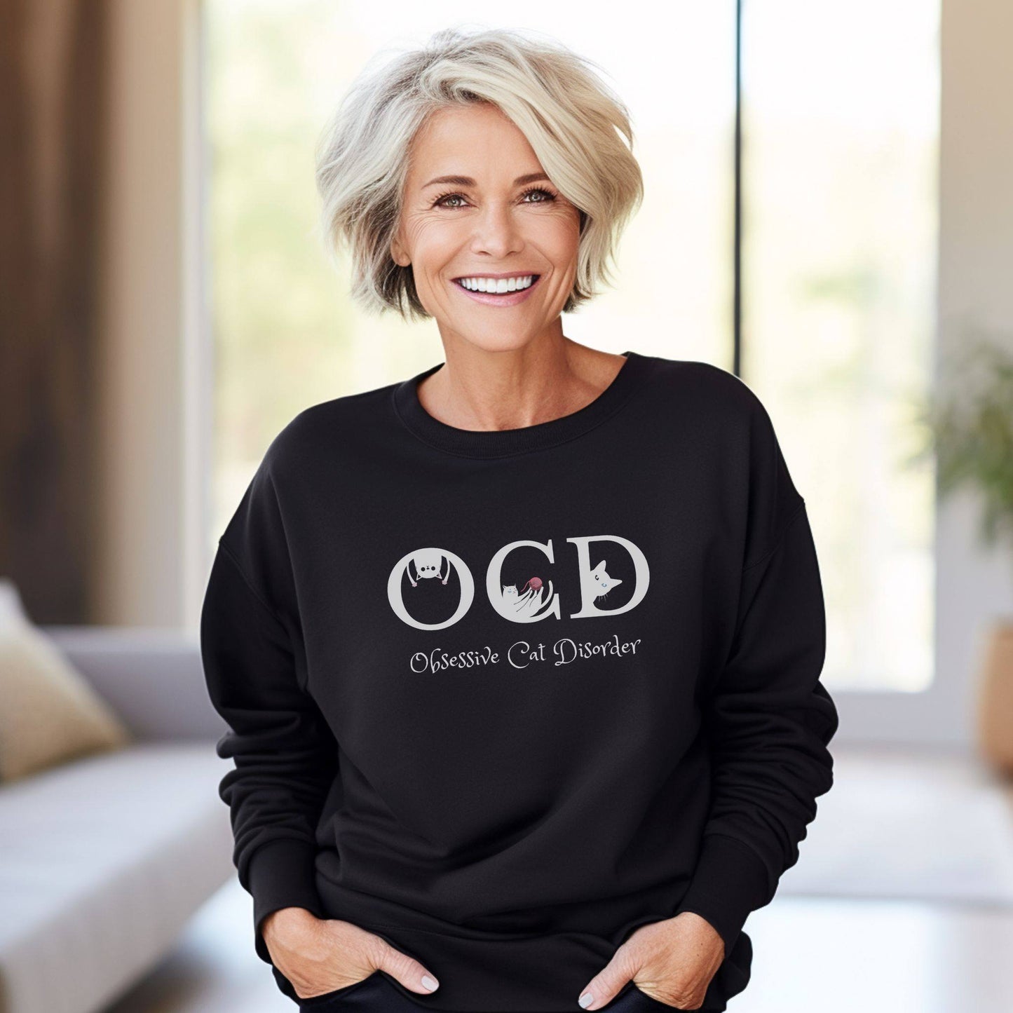 Black OCD Crewneck Unisex Sweatshirt Cat Themed