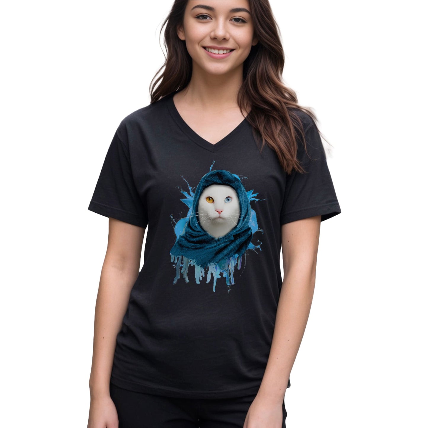 Black V-Neck T-Shirt Unisex Cat Theme
