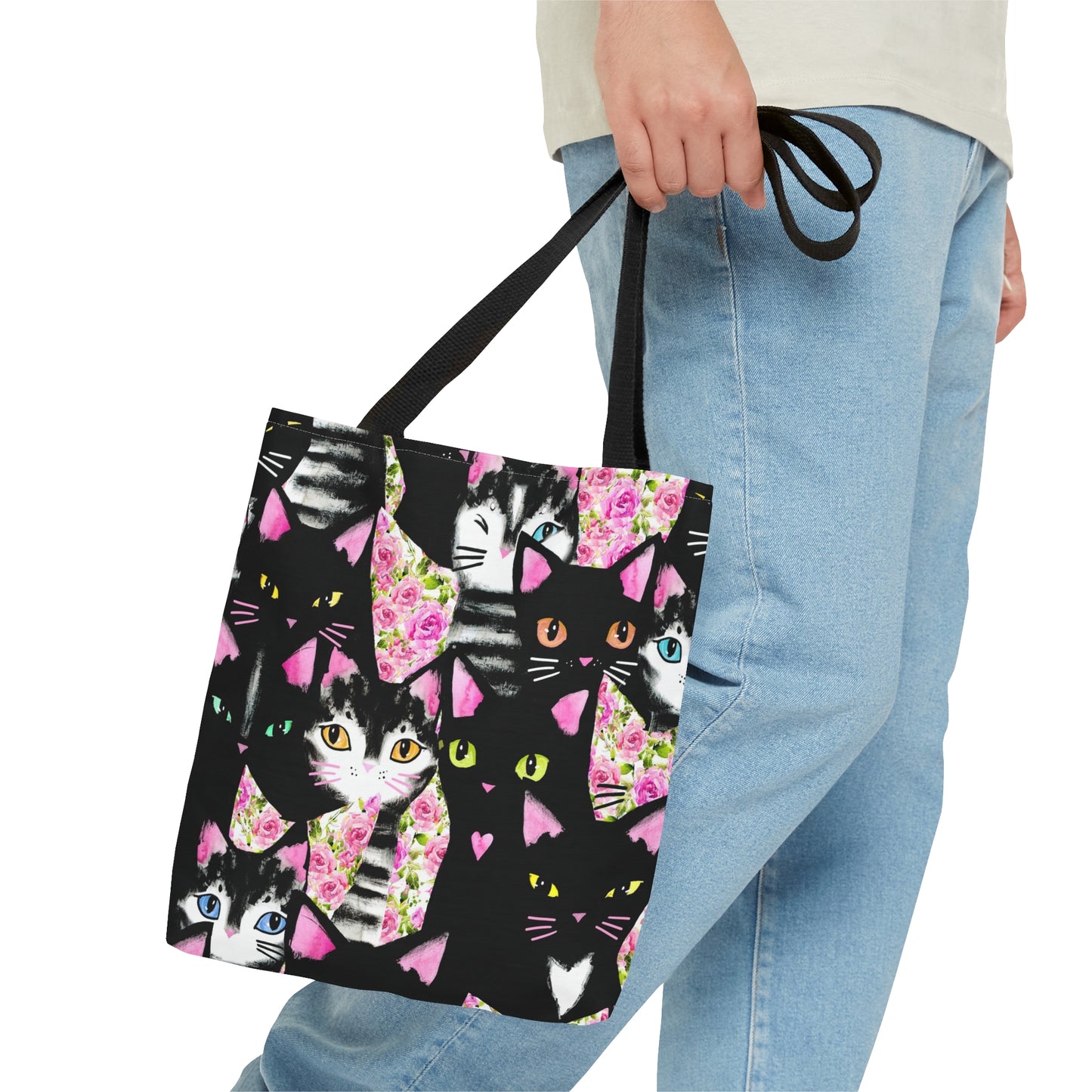 Tote bag with cartoon cats and roses pattern