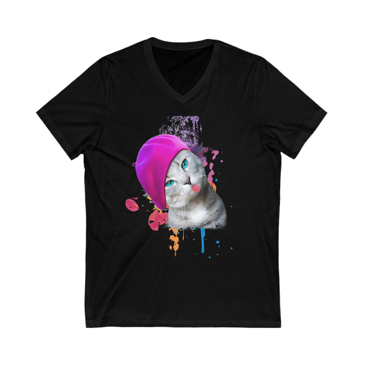Black Beret Girl Cat V-Neck T-Shirt