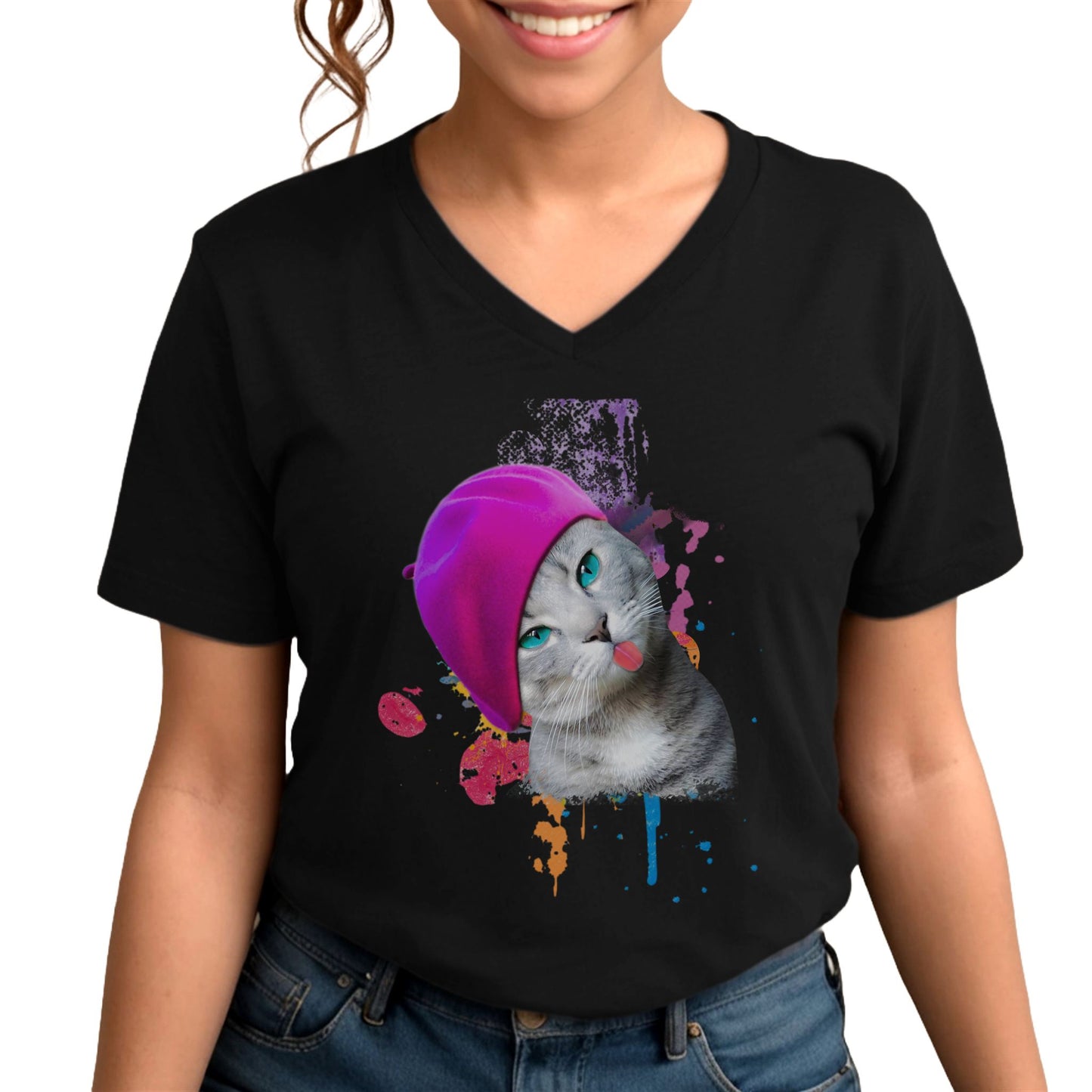 Black Beret Girl Cat V-Neck T-Shirt