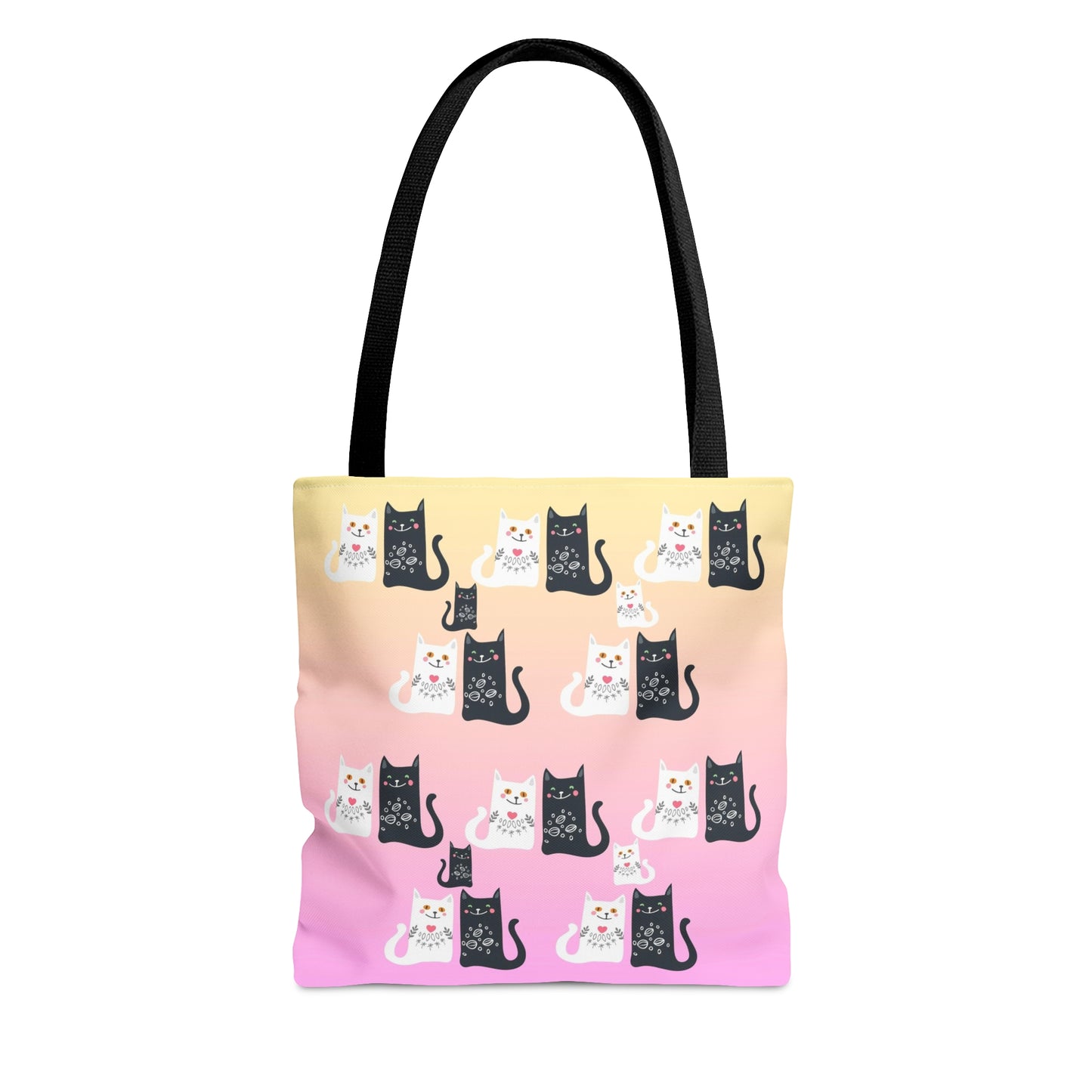 Black and White Cartoon cats design on a pink and yellow colored tote bag