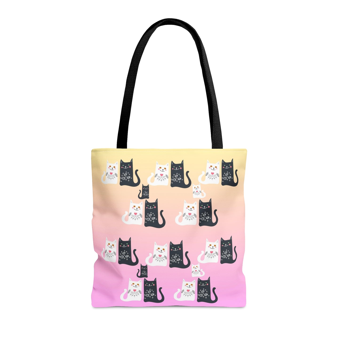 Black and White Cartoon cats design on a pink and yellow colored tote bag