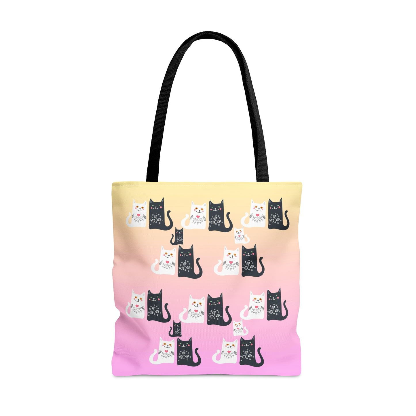 Black and White Cartoon cats design on a pink and yellow colored tote bag