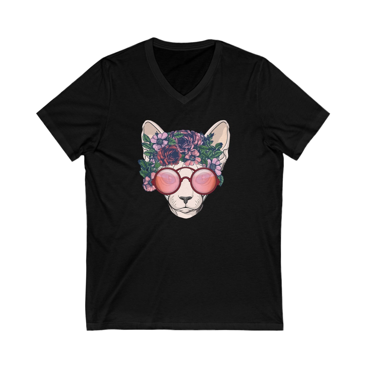 Black flower sphynx cat V-Neck T-shirt