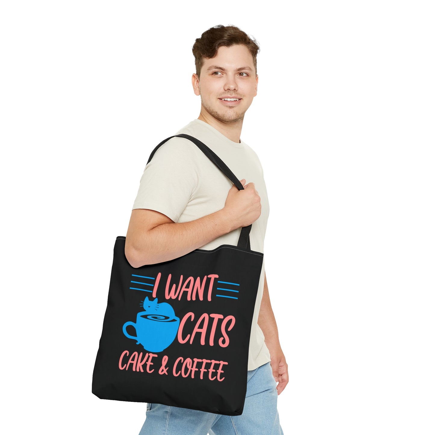 Black tote bag with 'I Want Cats, Cake & Coffee' text and a blue cat and cup illustration