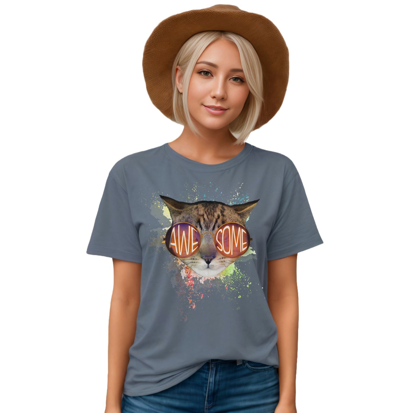 Steel Blue Awesome Cat T-Shirt Crew Neck Unisex
