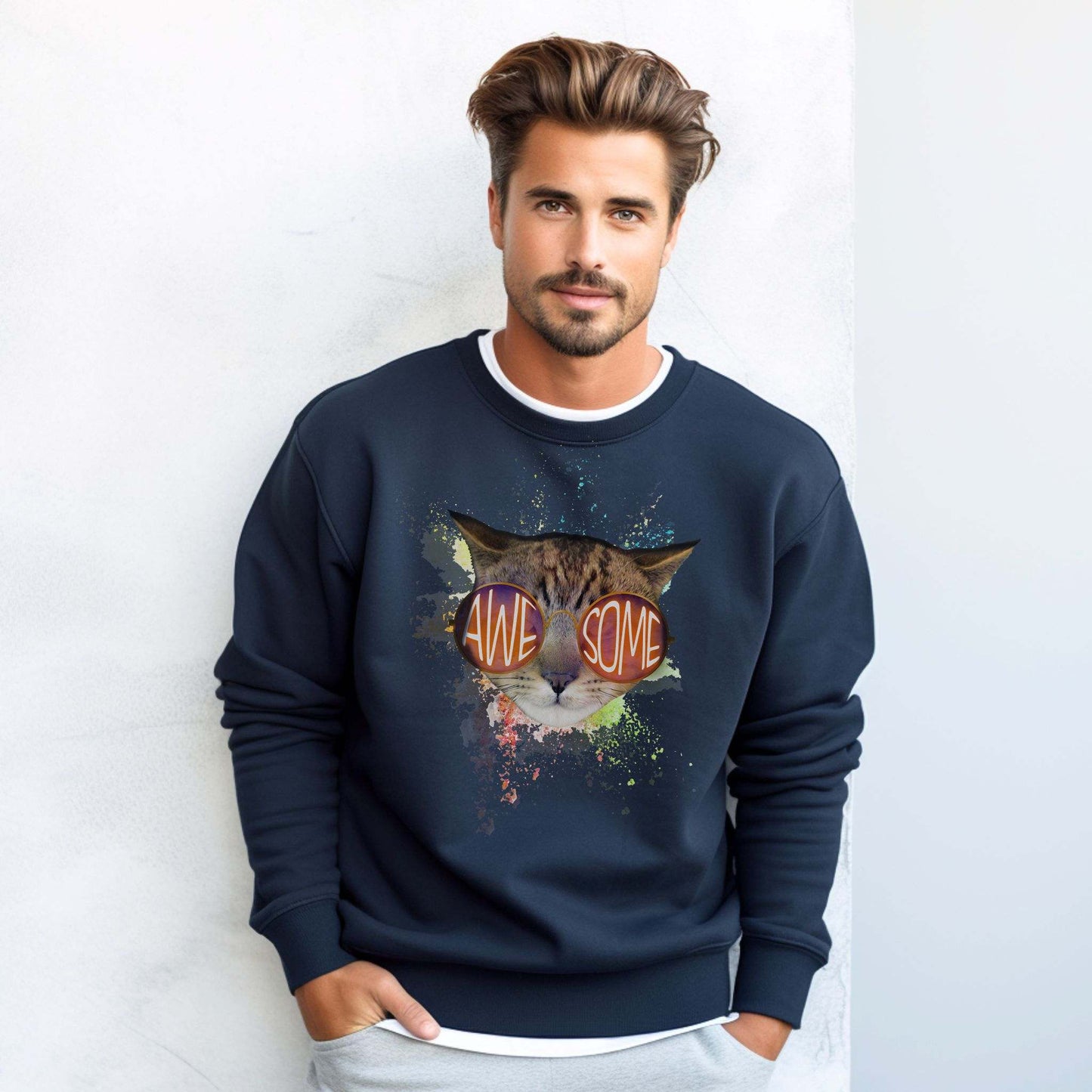 Navy Awesome Crewneck Unisex Sweatshirt Cat Theme