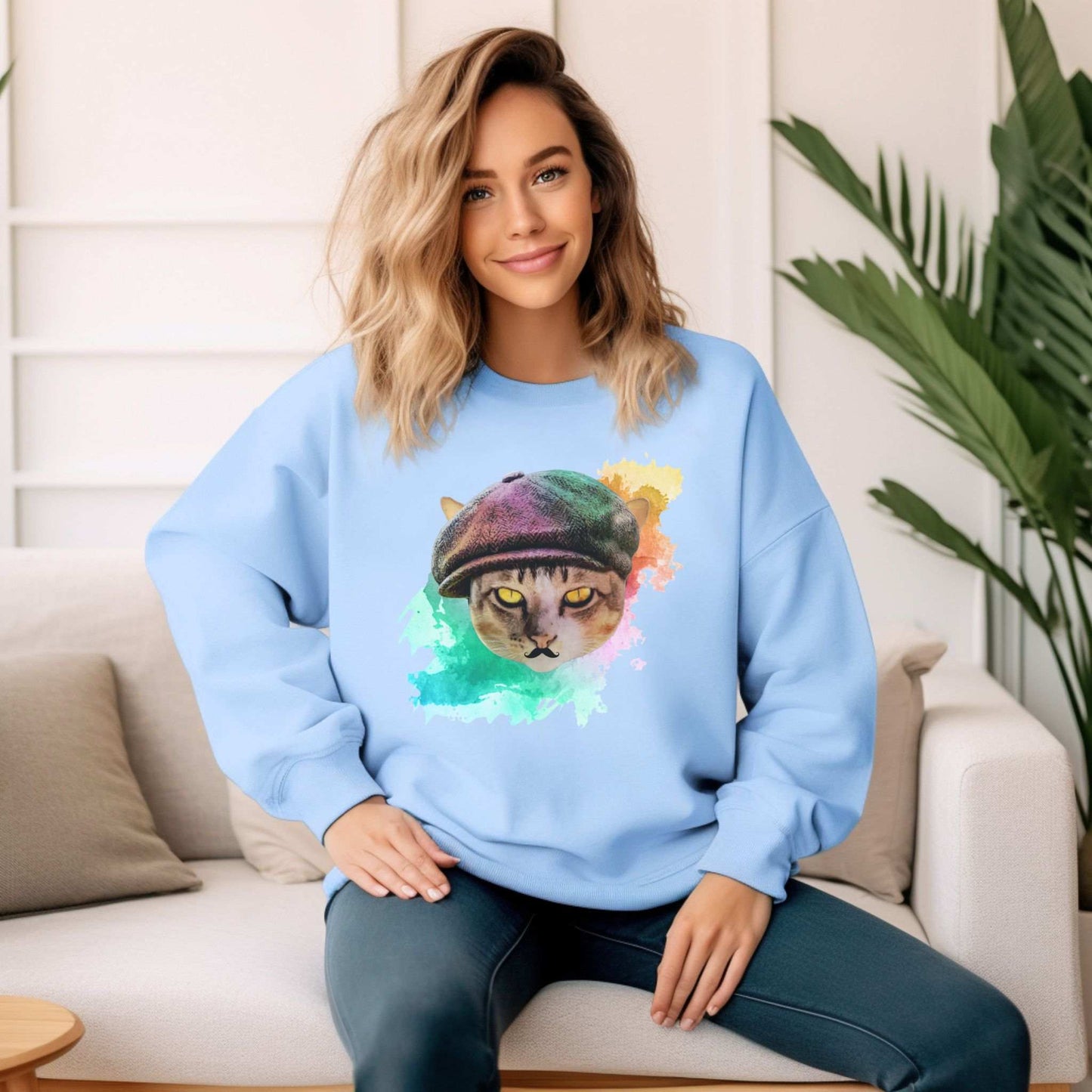 Pale Blue Baker Boy Cat Themed Crewneck Unisex Sweatshirt